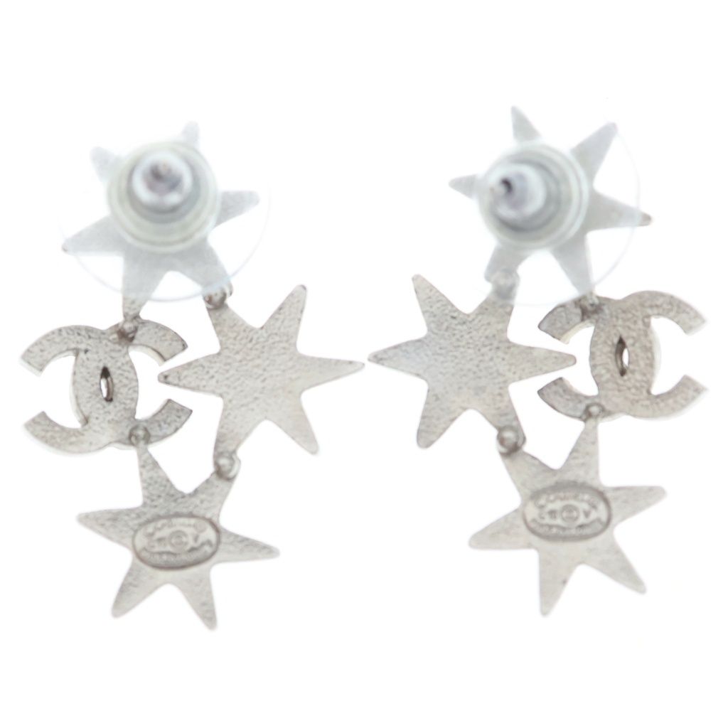 Chanel CC Logo Star Rhinestone Earrings Silver Metal — view 2