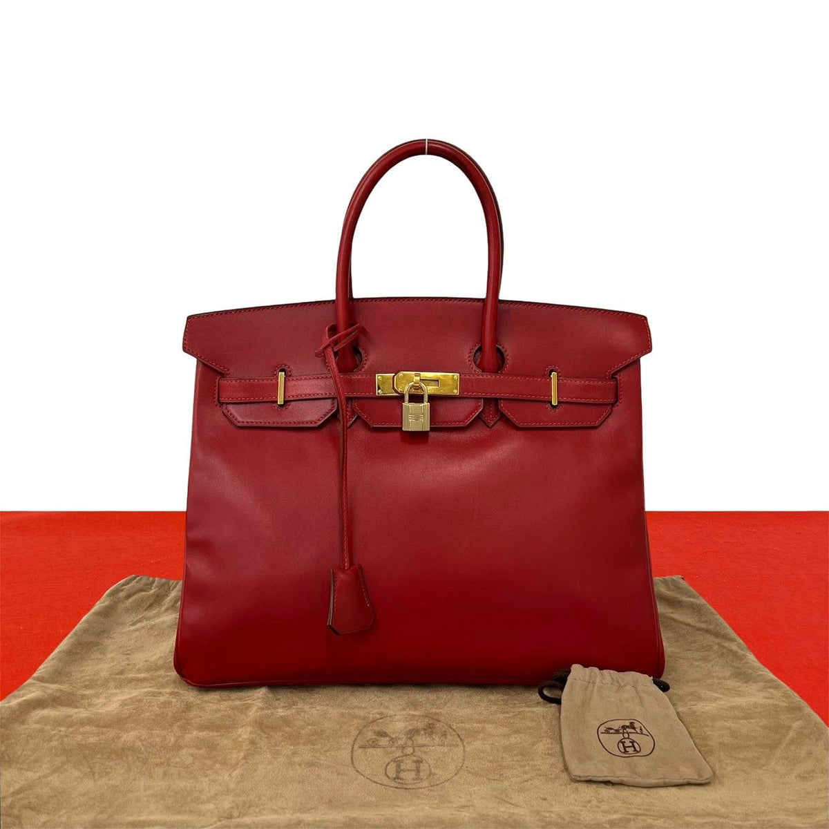 Hermes Bag with Key Vintage Birkin 35 Box Calf Leather Handbag Rouge