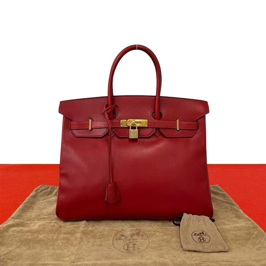 Hermes Bag with Key Vintage Birkin 35 Box Calf Leather Handbag Rouge