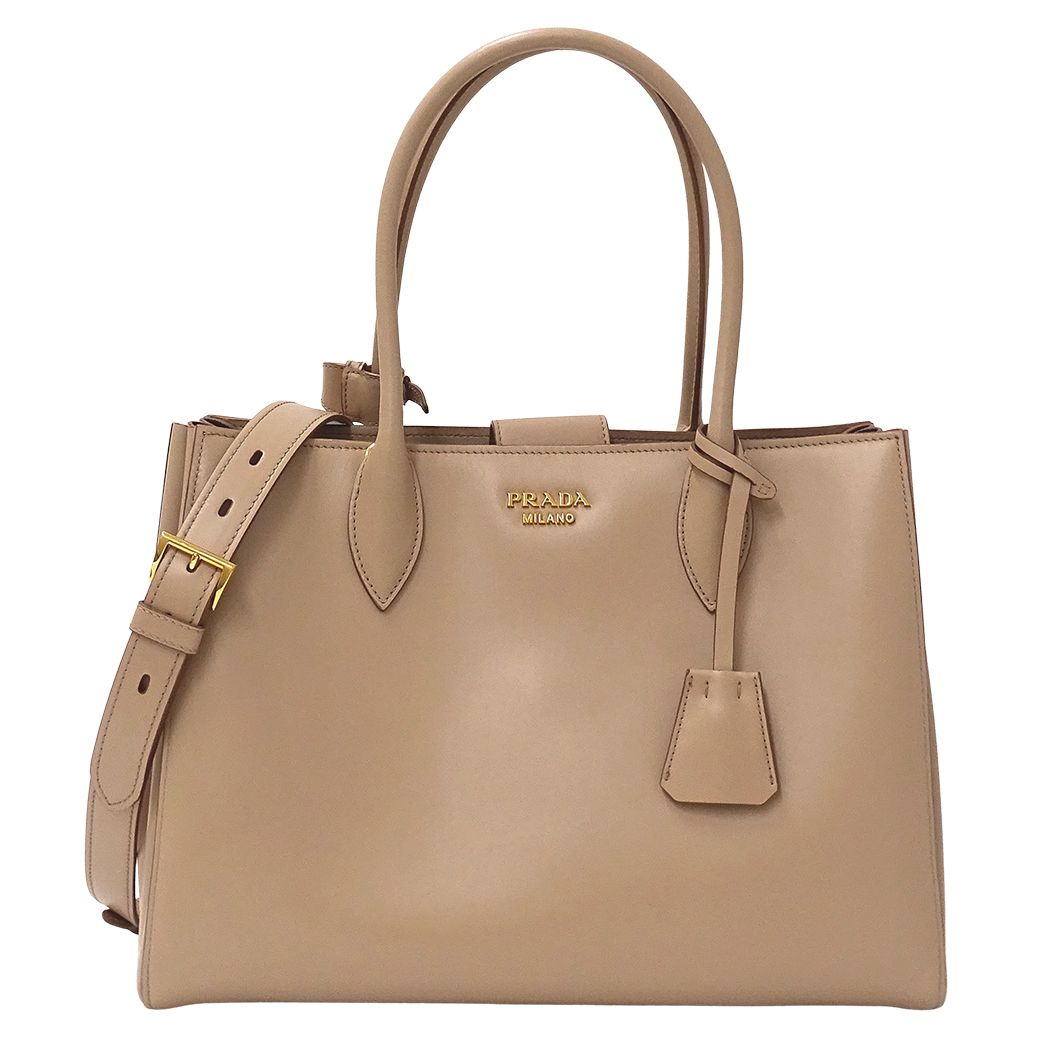 Prada Tote Shoulder Bag 2-Way Bibliotheque Leather Pink Beige Logo