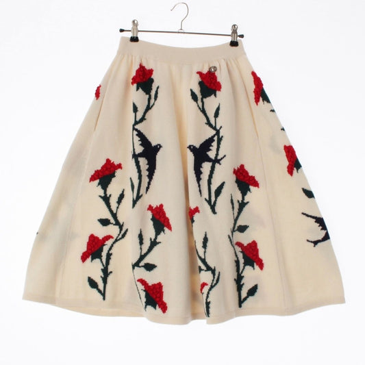 Chanel Blower Bird Motif Cashmere Knit Button Skirt Ivory Red 36