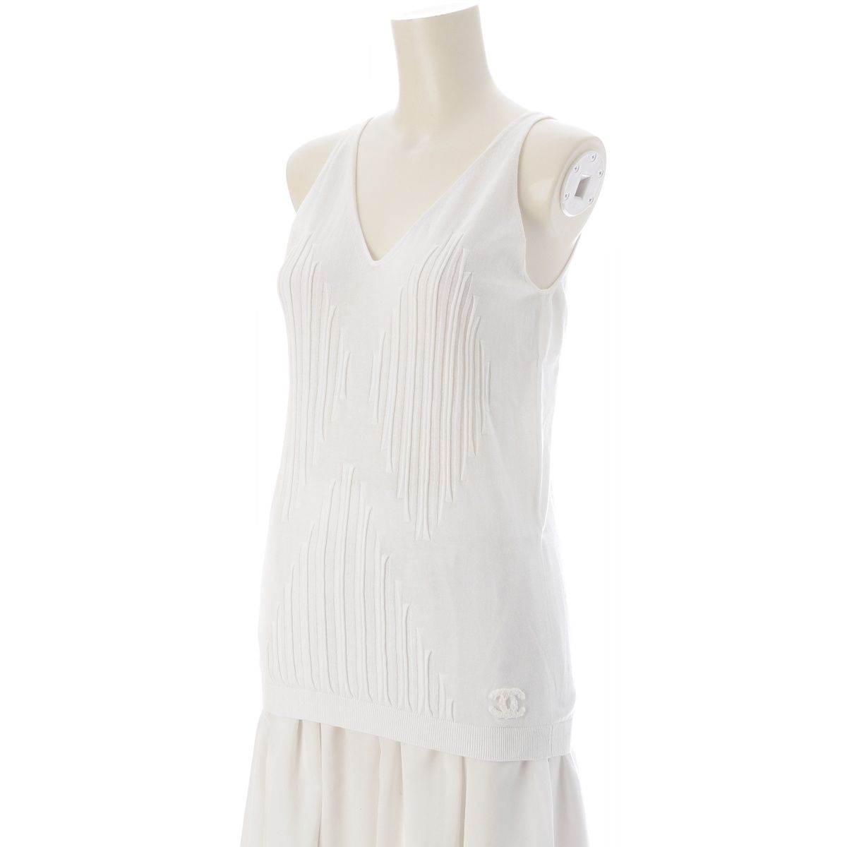 Chanel Cotton CC Logo V-neck Tank Top White 38 — view 2