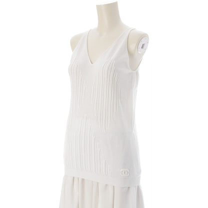 Chanel Cotton CC Logo V-neck Tank Top White 38 — view 2