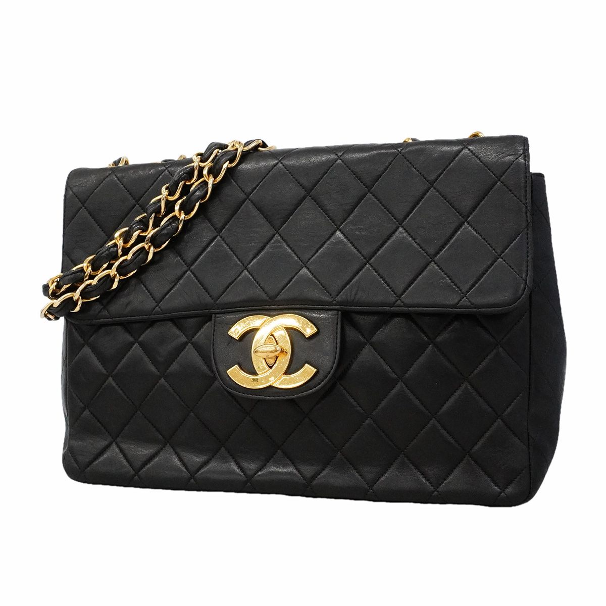 Chanel Shoulder Bag Maxi Quilted Lambskin Black Gold