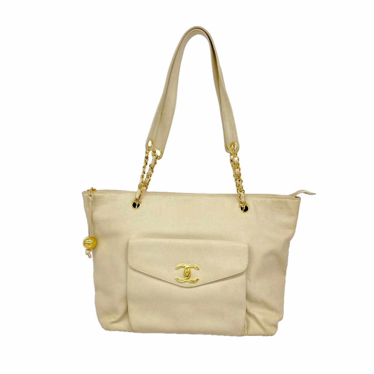Chanel Chain Tote Bag Caviar Leather Beige Gold