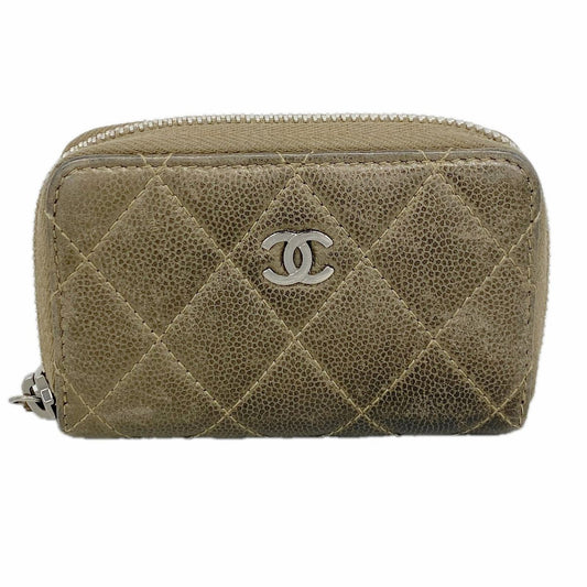 Chanel Coin Purse Quilted Caviar Leather Brown Silver