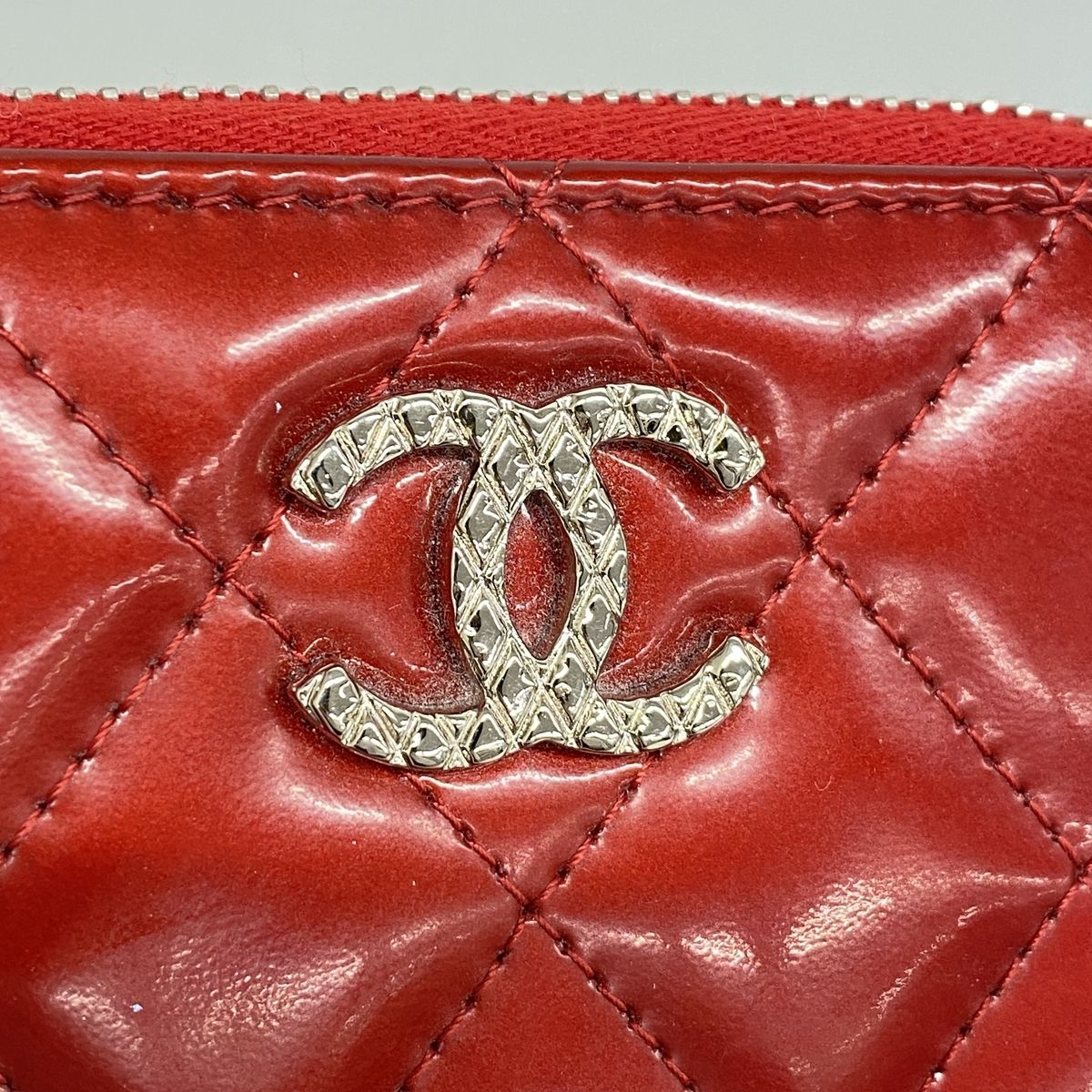 Chanel Coin Purse Quilted Brilliant Patent Leather Red Silver — view 8