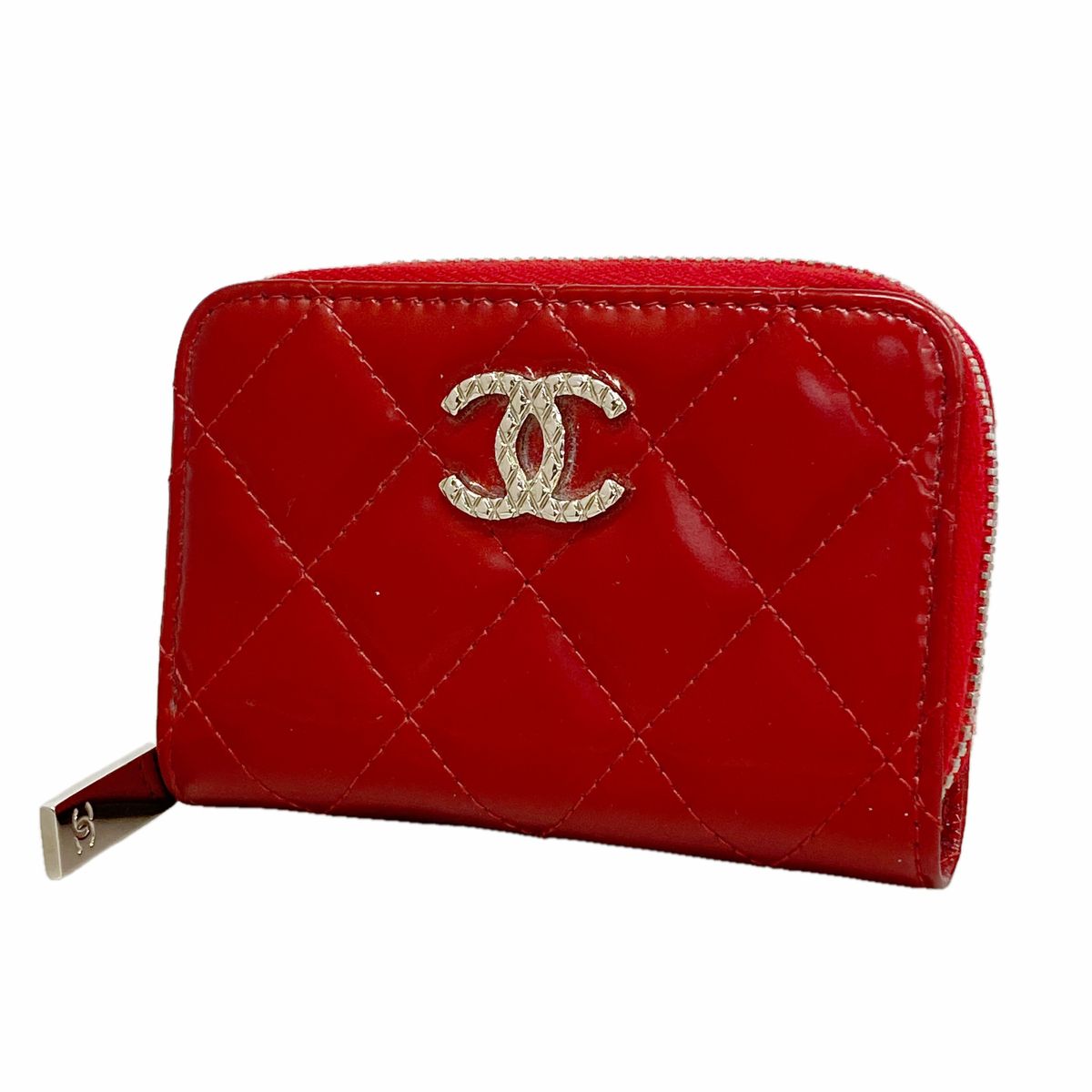 Chanel Coin Purse Quilted Brilliant Patent Leather Red Silver