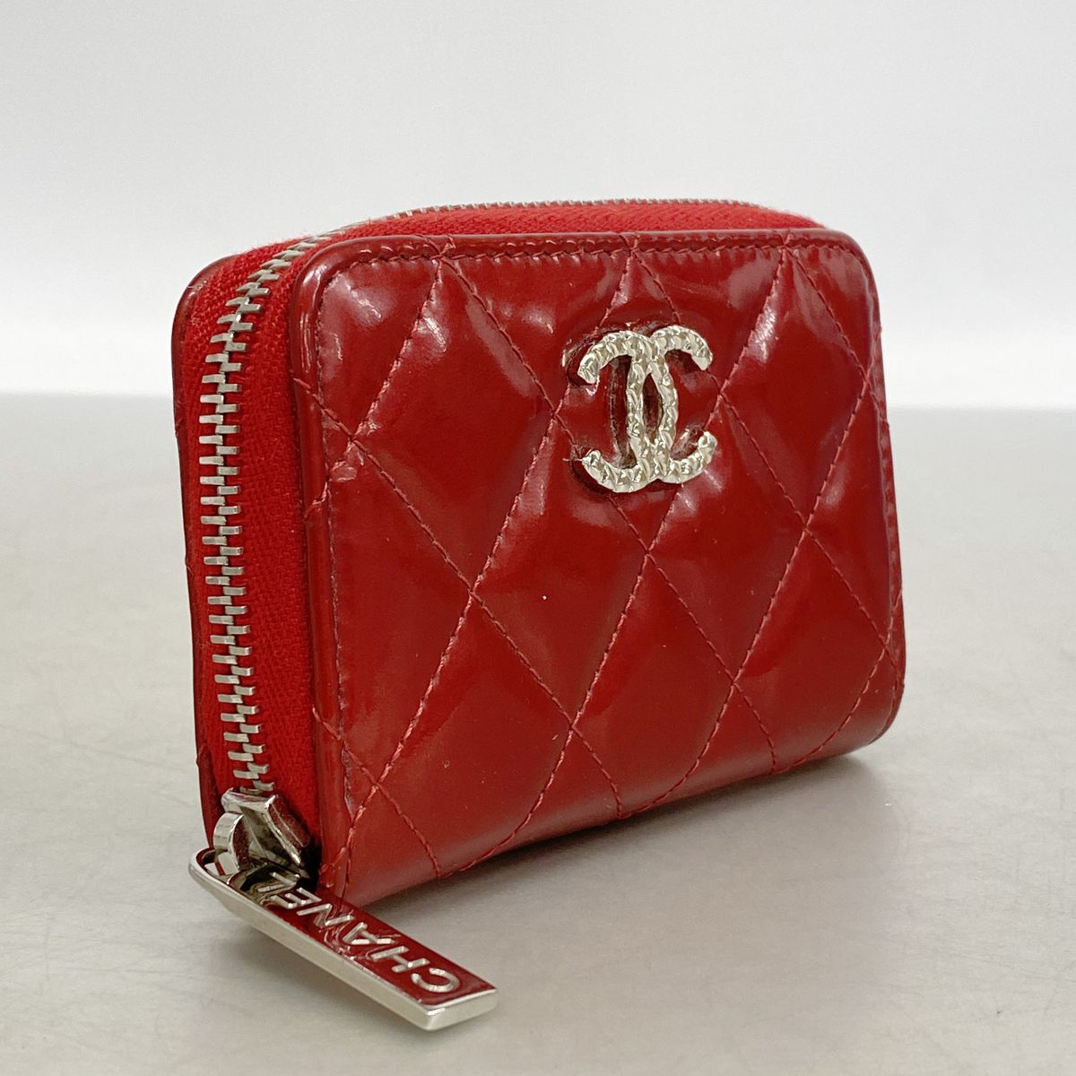 Chanel Coin Purse Quilted Brilliant Patent Leather Red Silver — view 2
