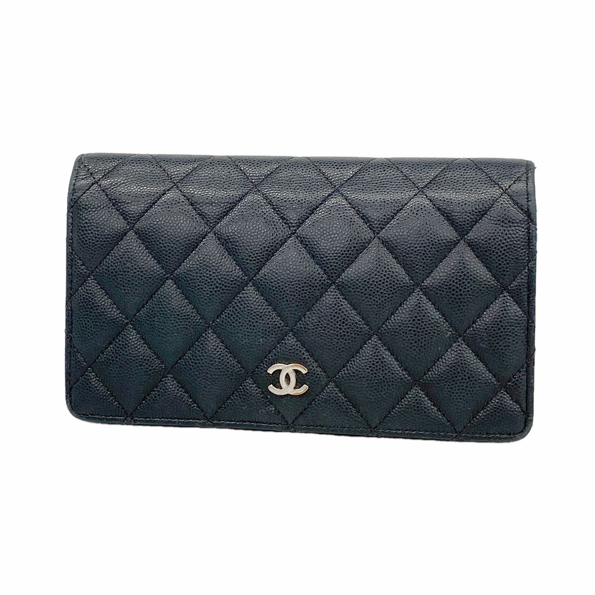Chanel Wallet Quilted Caviar Leather Black Silver
