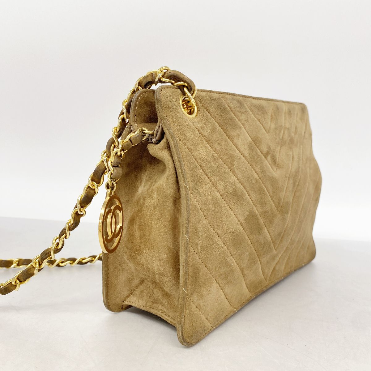 Chanel Shoulder Bag V-stitch Suede Brown Gold — view 2