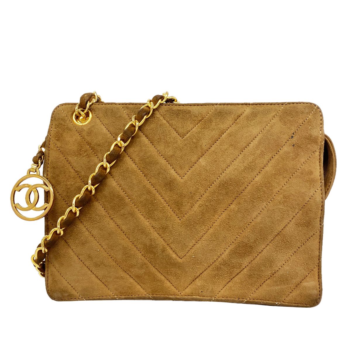 Chanel Shoulder Bag V-stitch Suede Brown Gold