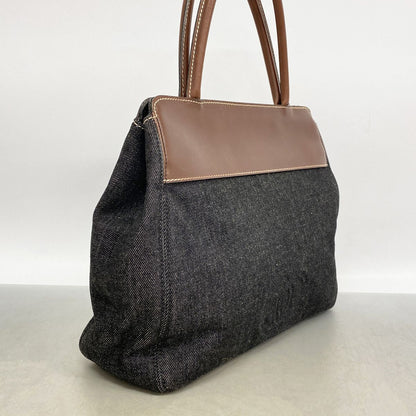 Chanel Tote Bag Denim Leather Black Brown Silver — view 2
