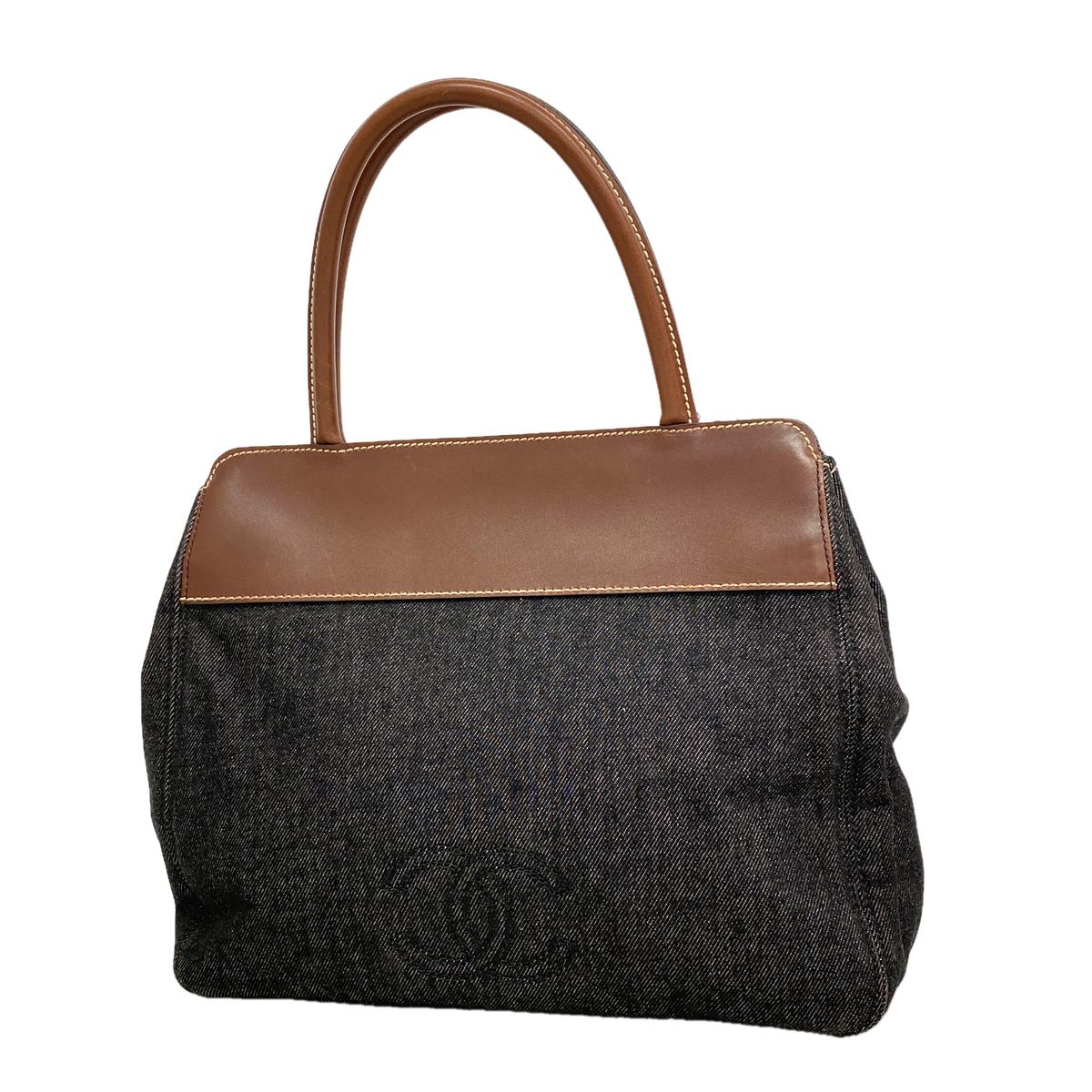 Chanel Tote Bag Denim Leather Black Brown Silver