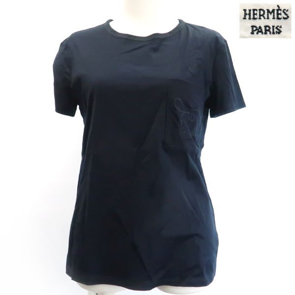 Hermes T-Shirt Embroidery Pocket Navy Tassel Rope Design 34