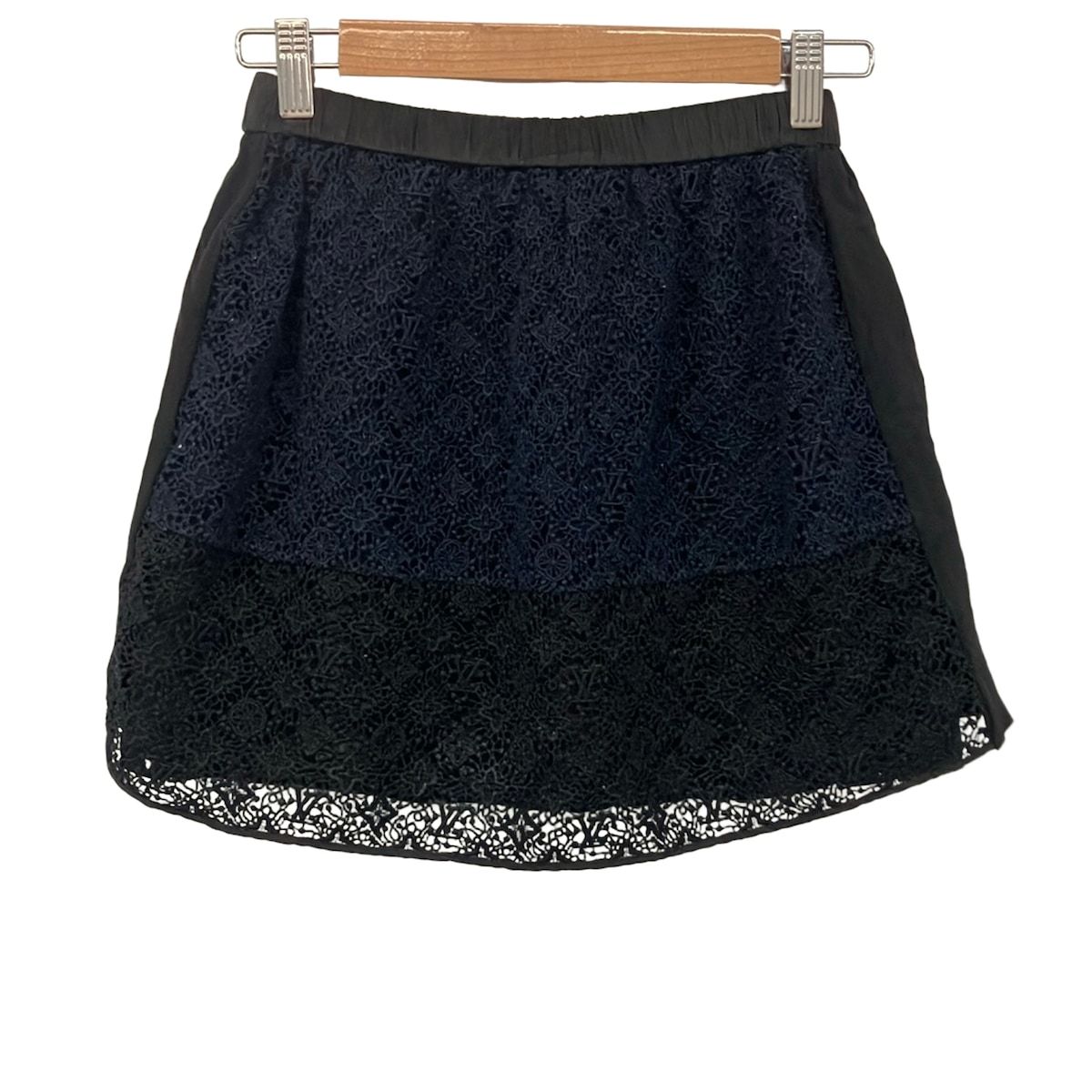 Louis Vuitton Mini Skirt S Black Dark Navy Elastic Waist Monogram Patterned Lace