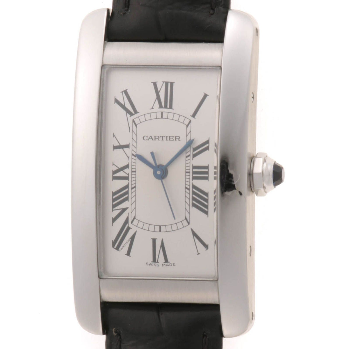 Cartier Tank Americanine MM Watch Steel Leather Strap Silver Dial Automatic