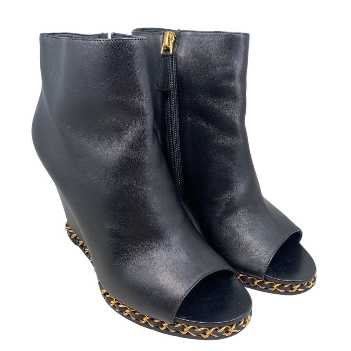 Chanel Short Boots Open Toe Wedge Sole 37C CC Logo Chain Leather Black Gold — view 2