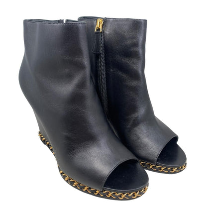 Chanel Short Boots Open Toe Wedge Sole 37C CC Logo Chain Leather Black Gold — view 2