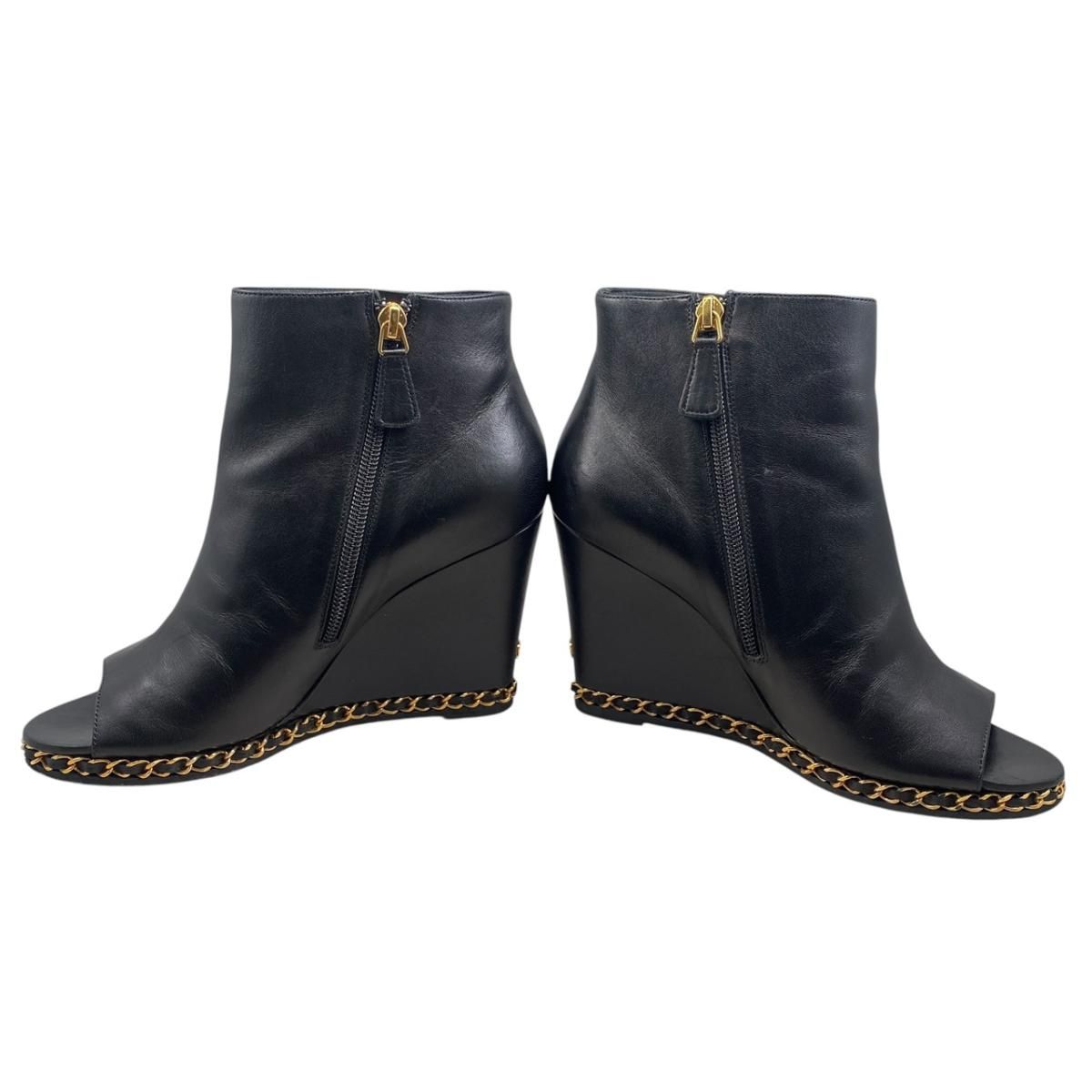 Chanel Short Boots Open Toe Wedge Sole 37C CC Logo Chain Leather Black Gold — view 7