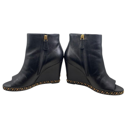 Chanel Short Boots Open Toe Wedge Sole 37C CC Logo Chain Leather Black Gold — view 7