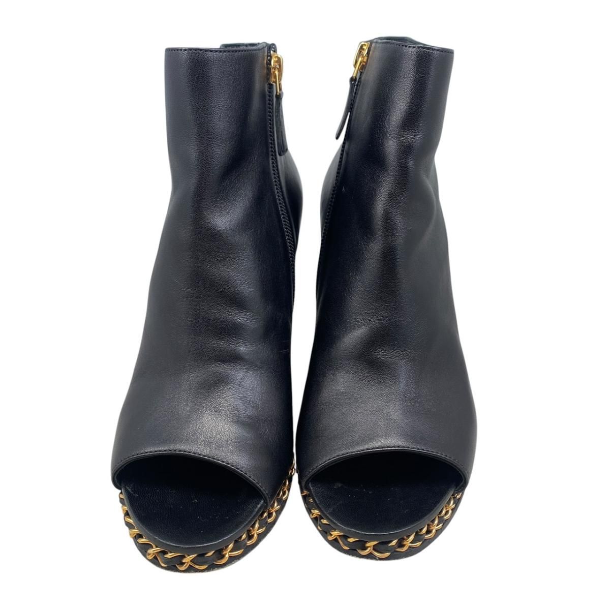 Chanel Short Boots Open Toe Wedge Sole 37C CC Logo Chain Leather Black Gold — view 5