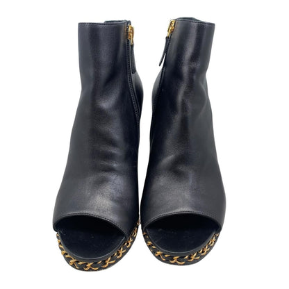 Chanel Short Boots Open Toe Wedge Sole 37C CC Logo Chain Leather Black Gold — view 5