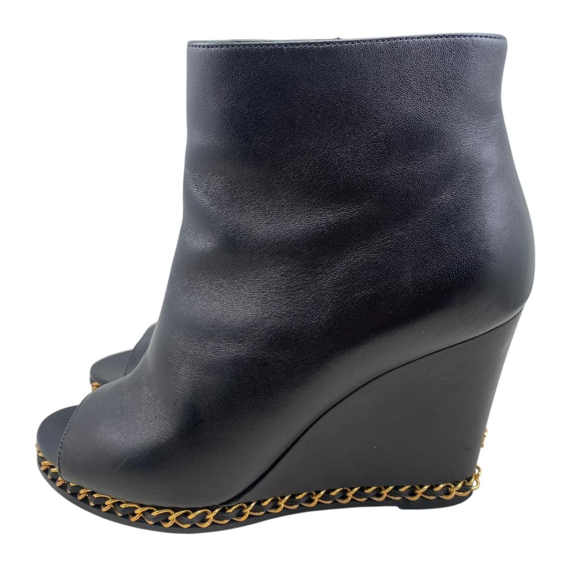Chanel Short Boots Open Toe Wedge Sole 37C CC Logo Chain Leather Black Gold — view 3