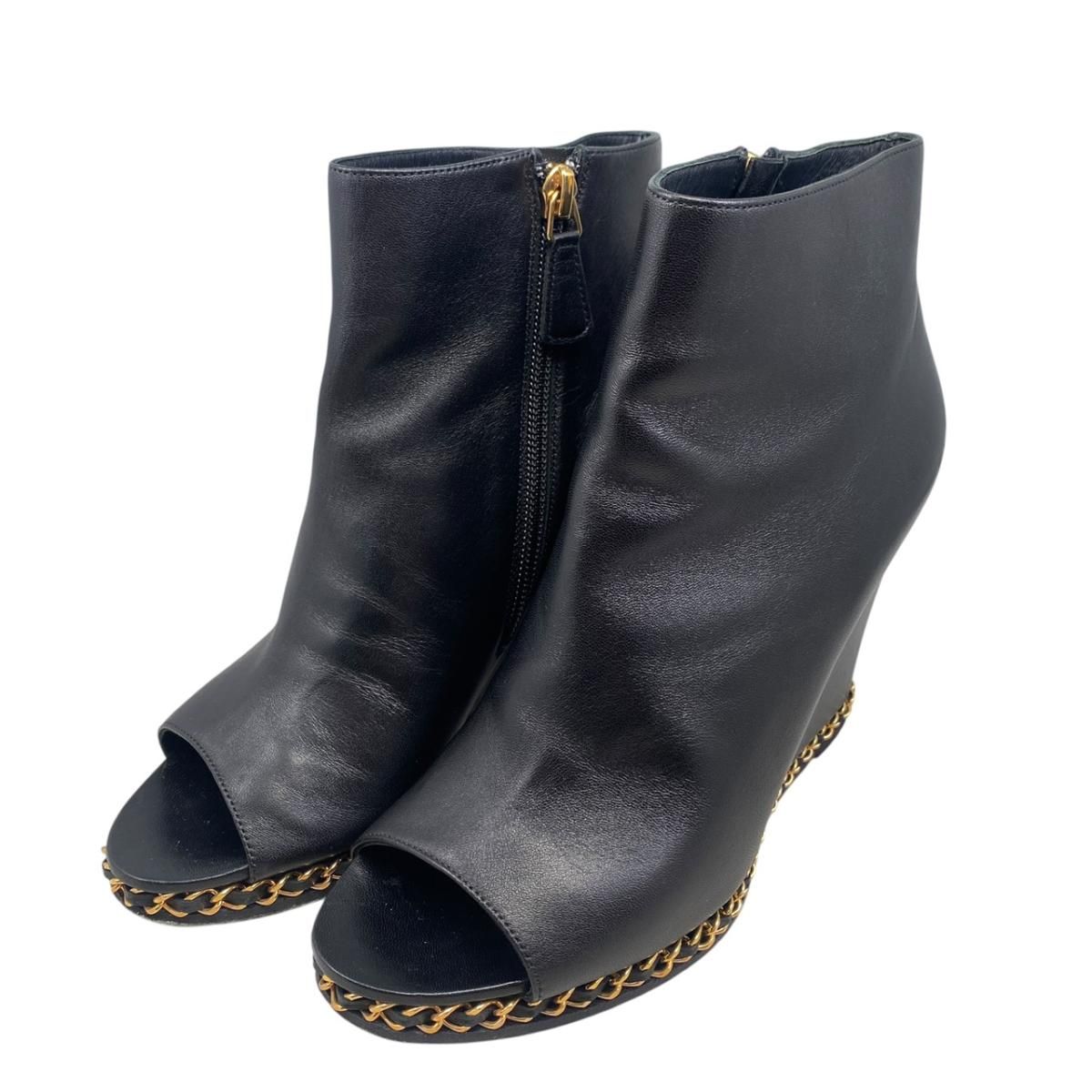 Chanel Short Boots Open Toe Wedge Sole 37C CC Logo Chain Leather Black Gold