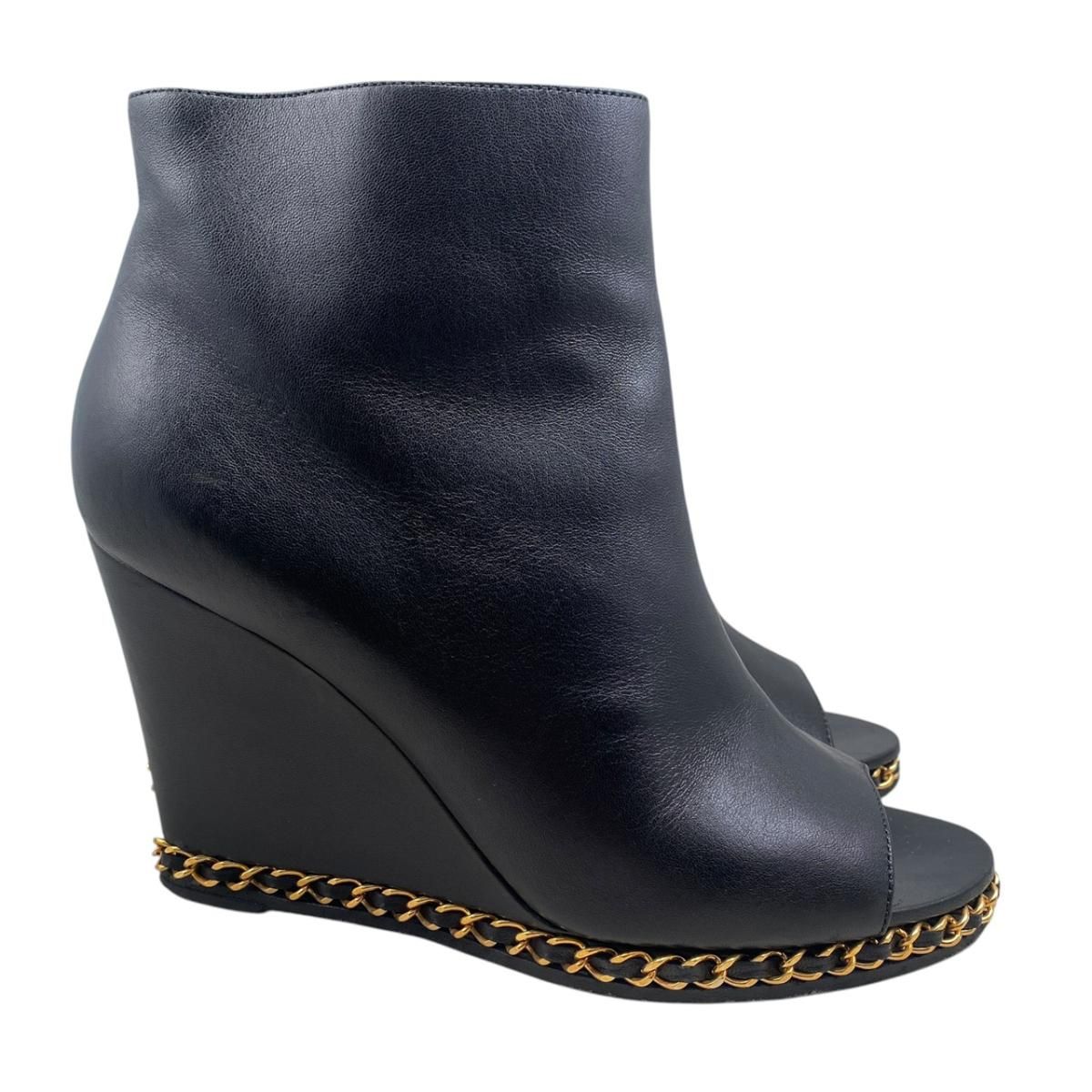 Chanel Short Boots Open Toe Wedge Sole 37C CC Logo Chain Leather Black Gold — view 4