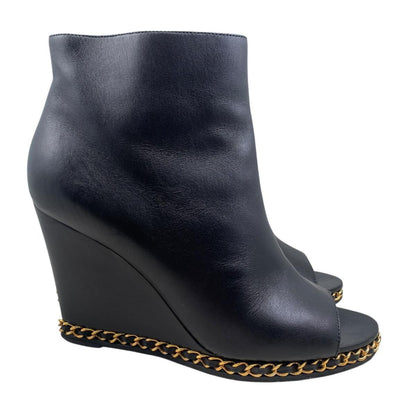 Chanel Short Boots Open Toe Wedge Sole 37C CC Logo Chain Leather Black Gold — view 4