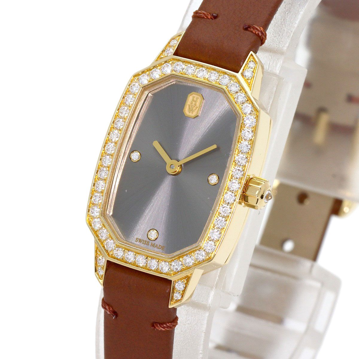 Harry Winston Emerald Diamond Watch 18k Yellow Gold Leather — view 3