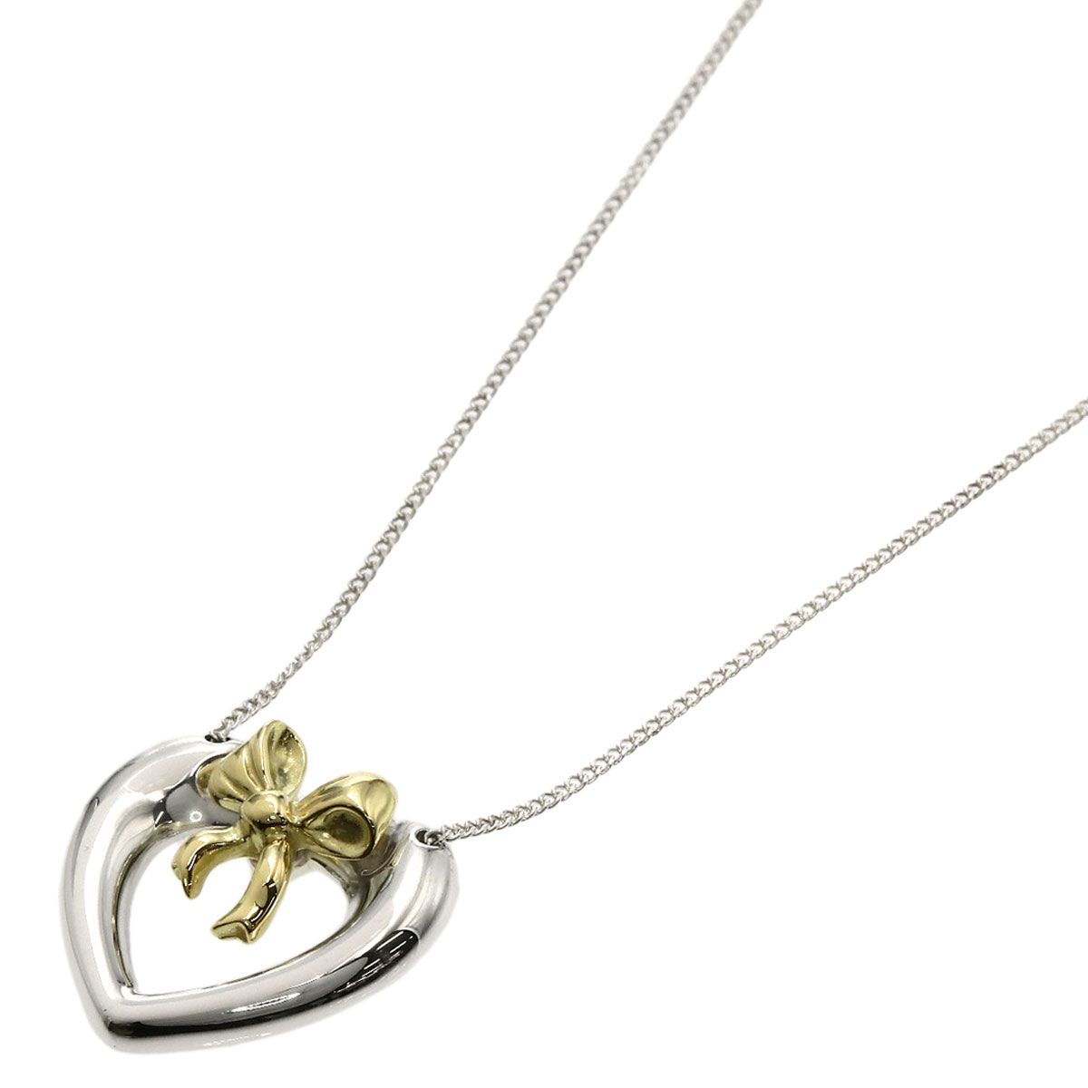 Tiffany & Co Heart Ribbon Necklace Silver 18k Yellow Gold