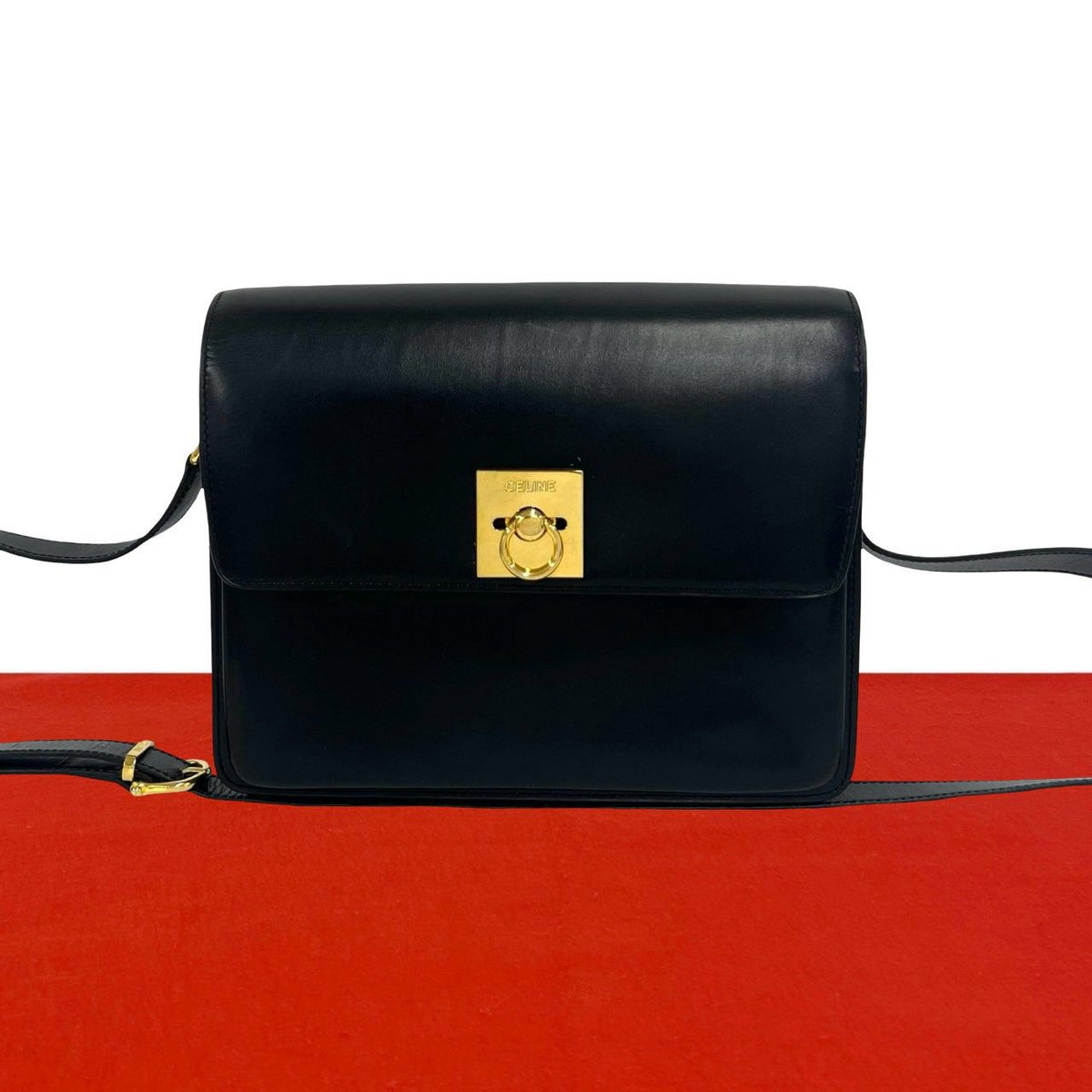 Celine Vintage Logo Ring Leather Shoulder Bag Pochette Crossbody Black