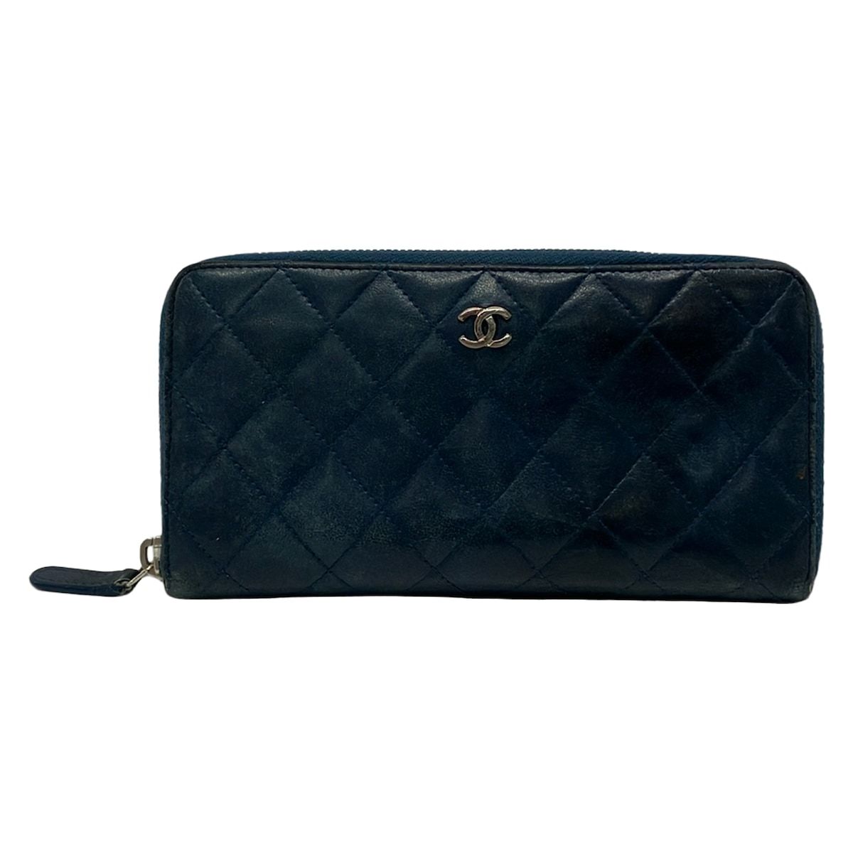 Chanel Wallet Quilted Dark Navy Zip Around Lambskin