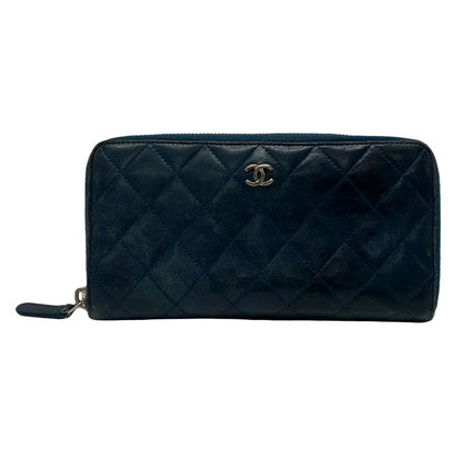 Chanel Wallet Quilted Dark Navy Zip Around Lambskin