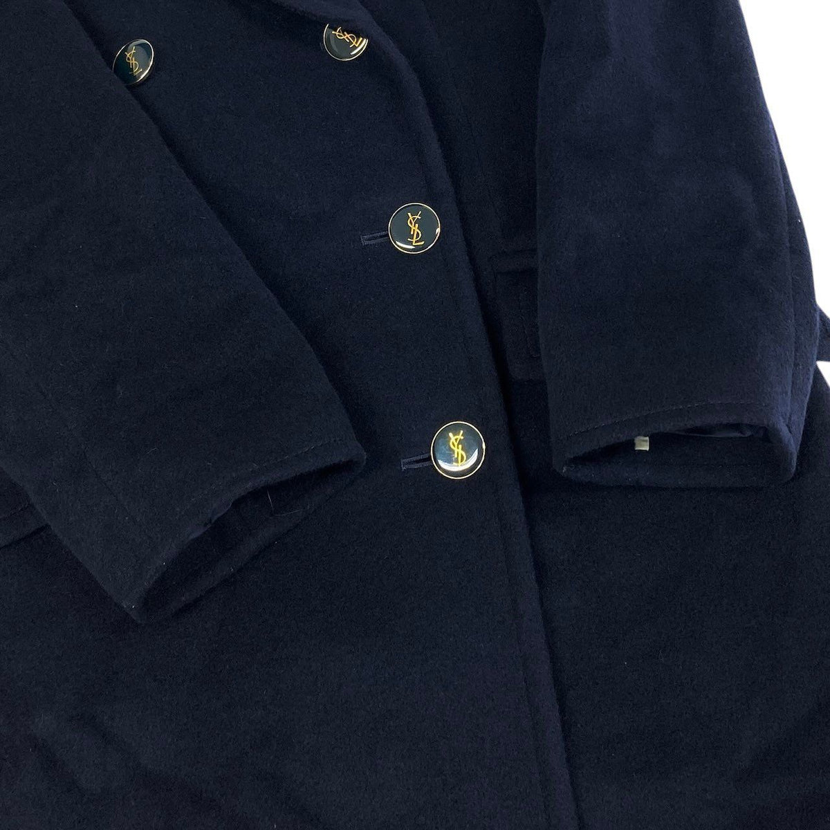 Saint Laurent Double Breasted Chesterfield YSL Logo Button Long Coat Dark 36 — view 7
