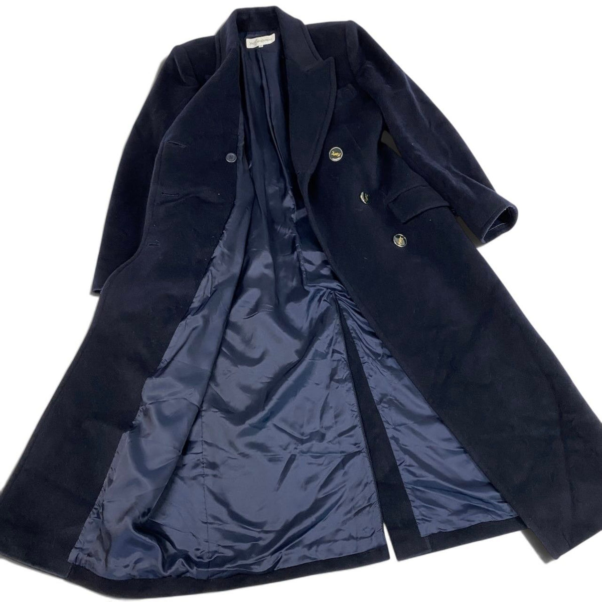 Saint Laurent Double Breasted Chesterfield YSL Logo Button Long Coat Dark 36 — view 3