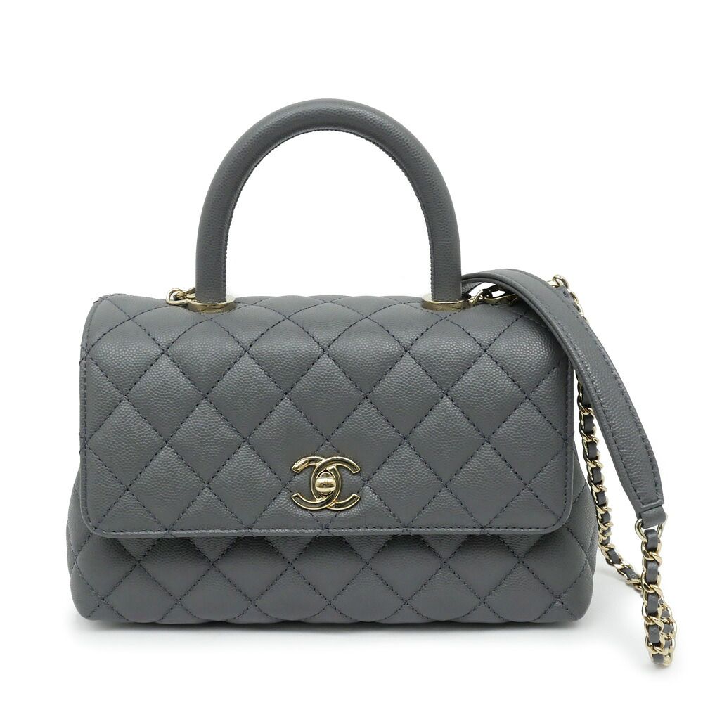 Chanel Coco Handle XS Gray Champagne Gold Caviar Leather Chain Shoulder Bag