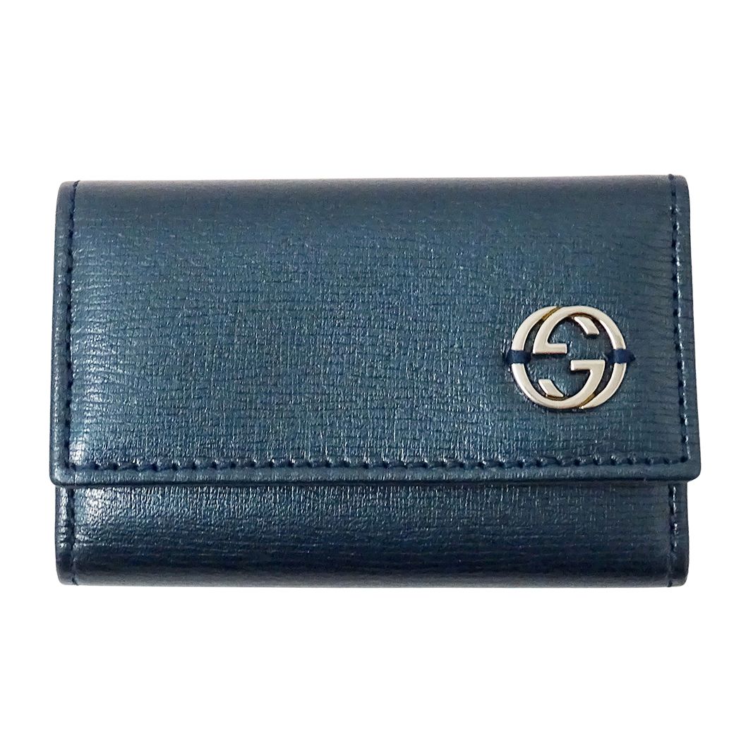 Gucci Key Case Interlocking G Leather Metallic Blue Green Compact Small Key