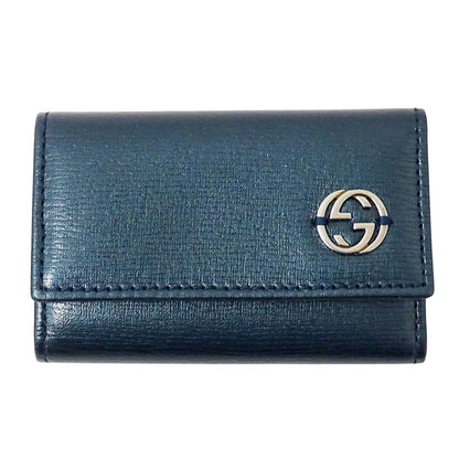 Gucci Key Case Interlocking G Leather Metallic Blue Green Compact Small Key
