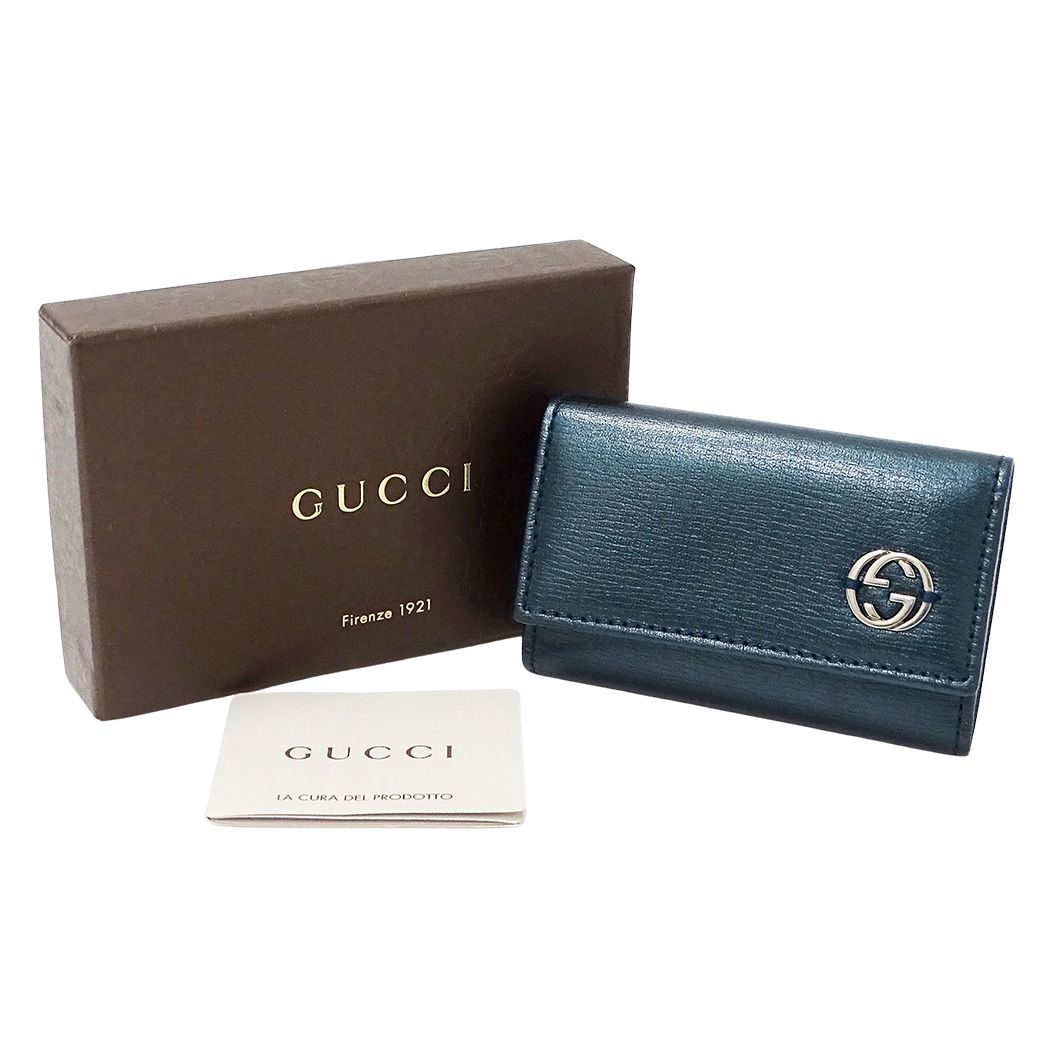 Gucci Key Case Interlocking G Leather Metallic Blue Green Compact Small Key — view 6