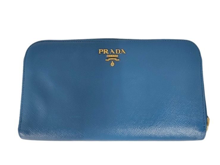 Prada Wallet Blue Saffiano Leather Zip Around Gold