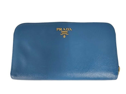 Prada Wallet Blue Saffiano Leather Zip Around Gold