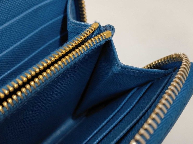 Prada Wallet Blue Saffiano Leather Zip Around Gold — view 5