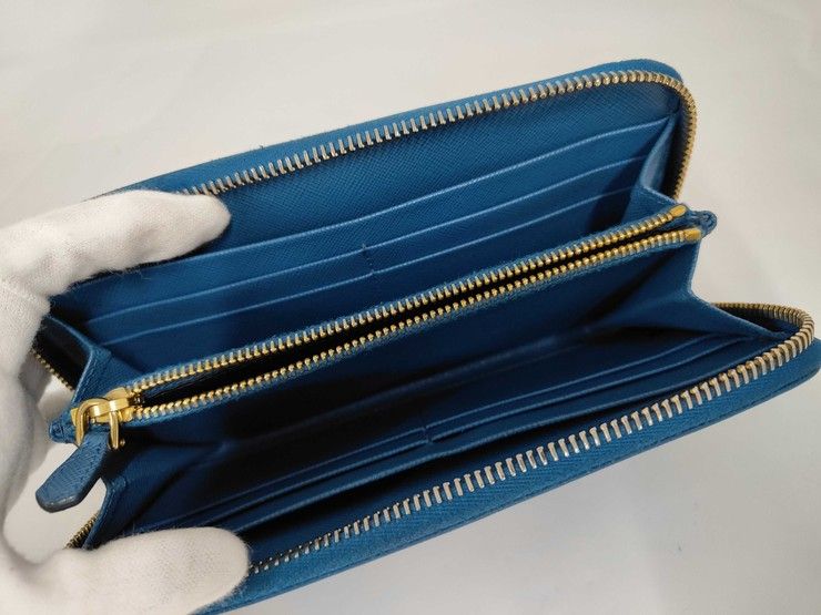 Prada Wallet Blue Saffiano Leather Zip Around Gold — view 4