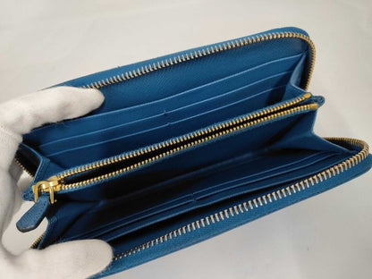 Prada Wallet Blue Saffiano Leather Zip Around Gold — view 4