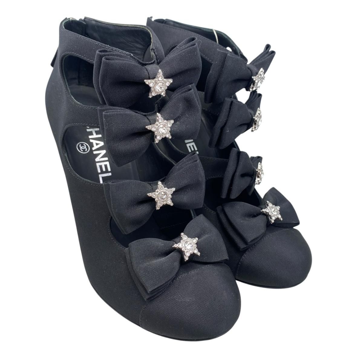 Chanel Short Boots Star Ribbon Open Black Silver — view 2