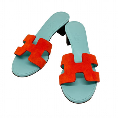 Hermes Oasis Sandals Blue Orange Leather Suede