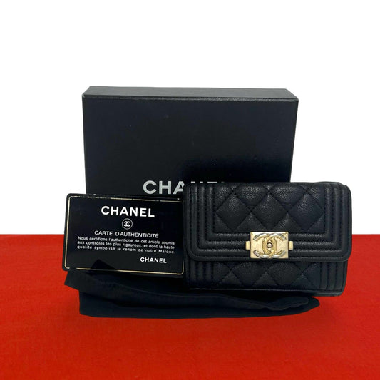 Chanel Boy CC Logo Caviar Leather Trifold Wallet Black